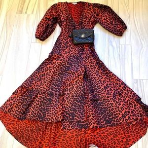 Ganni Red Leopard Print Hi-lo Wrap Dress